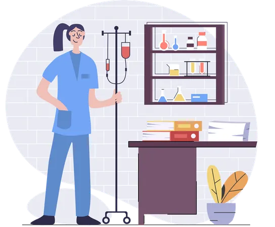 Nurse holding IV drip stand  Illustration