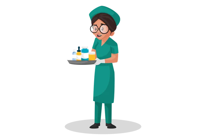 Nurse holding medicine tray Illustration