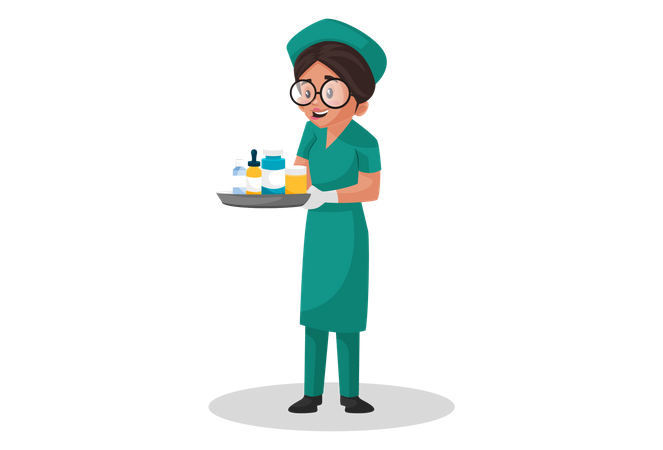 Nurse holding medicine tray  Illustration