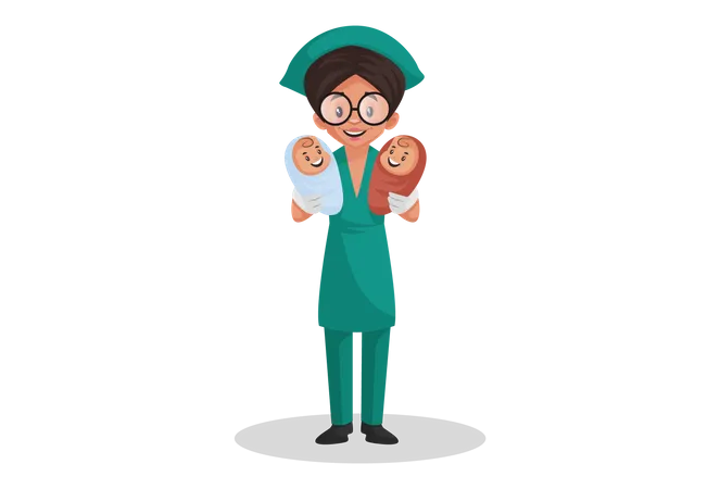 Nurse holding new born babies in both hands Illustration