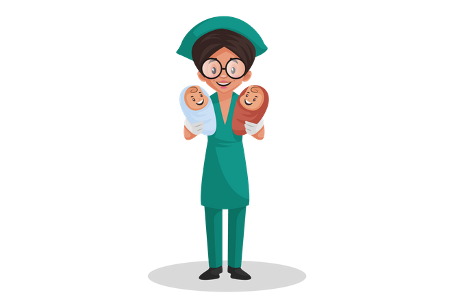 Nurse holding new born babies in both hands  Illustration