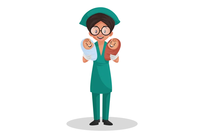 Nurse holding new born babies in both hands  Illustration