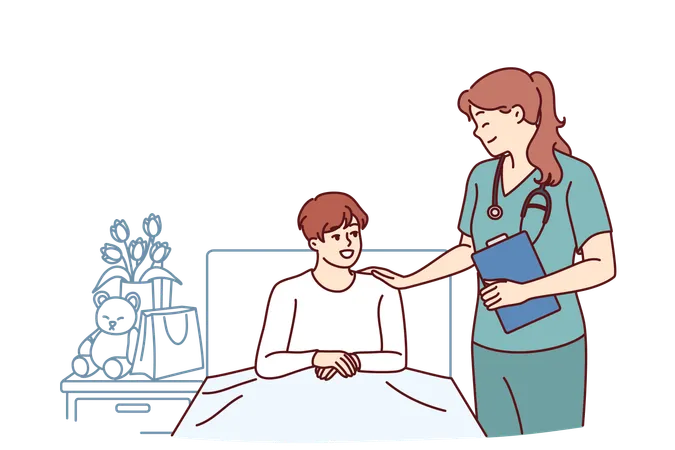 Woman Doctor Near Boy Lying On Bed In Hospital After Complications Of Chronic Disease Doctor Pediatrician Supports Teenager Undergoing Rehabilitation In Hospital After Complex Operation Illustration