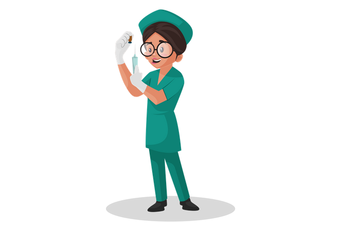 Best Premium Nurse is holding an injection in one hand and medicine bottle  in other hand Illustration download in PNG & Vector format