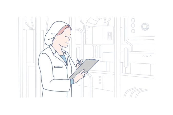 Technologist Production Quality Control Concept Young Woman Technologist Is Checking Equipment Condition In Factory Girl Inspector Examines Production Quality Control In Plant Simple Flat Vector Illustration