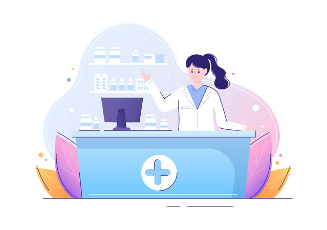 Nurse is selling medicine at pharmacy shop  Illustration