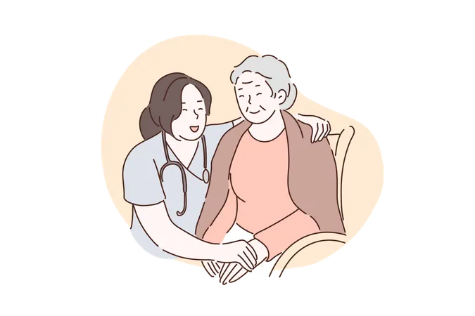 Nursing Home Hospital Hospice Rehabilitation Concept Happy Old Woman Holding Hands With Nurse Together The Doctor In The Clinic Takes Care Helps And Supports Patients Vector Flat Design Illustration