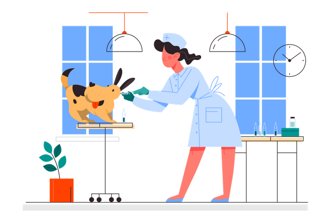 Nurse making a vaccine injection to a dog Illustration