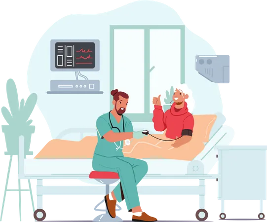 Nurse Measuring Blood Pressure to Old Woman Lying in Hospital Bed Illustration