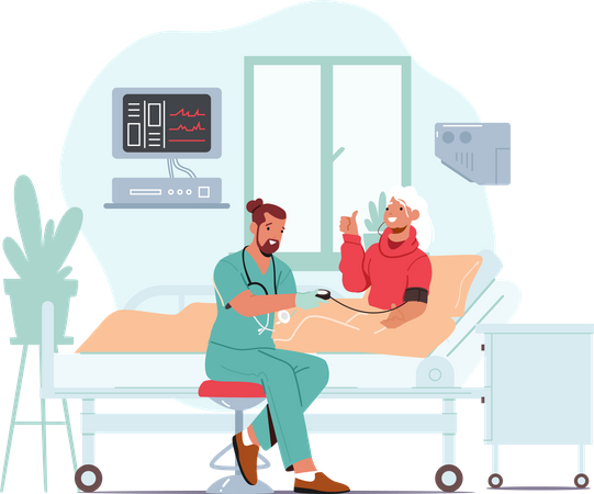 Nurse Measuring Blood Pressure to Old Woman Lying in Hospital Bed  Illustration