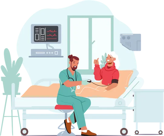 Nurse Measuring Blood Pressure to Old Woman Lying in Hospital Bed  Illustration