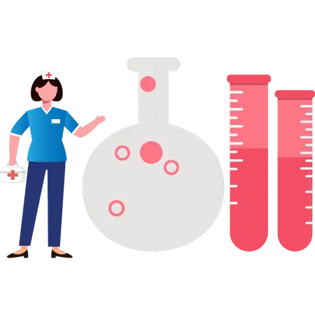 Nurse pointing at lab beaker  Illustration