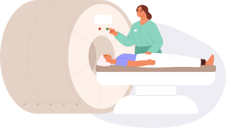 Nurse preparing man to magnetic resonance imaging. Doctor diagnoses patients condition  Illustration