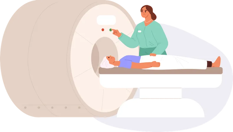 Nurse preparing man to magnetic resonance imaging. Doctor diagnoses patients condition  Illustration