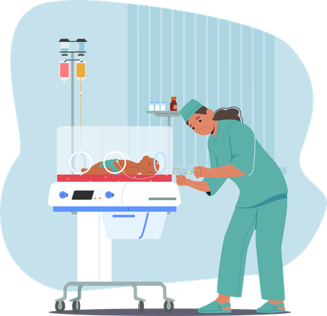 Nurse providing intensive neonatal care for preterm baby in incubator unite of intensive therapy  Illustration