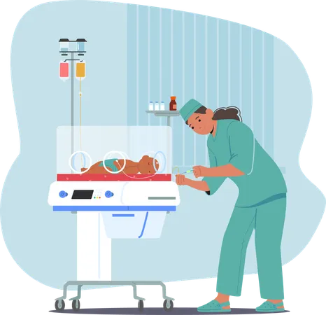 Nurse providing intensive neonatal care for preterm baby in incubator unite of intensive therapy  Illustration