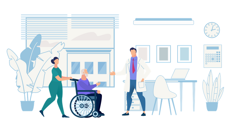 Nurse pushing old man on wheel chair to the doctor  Illustration