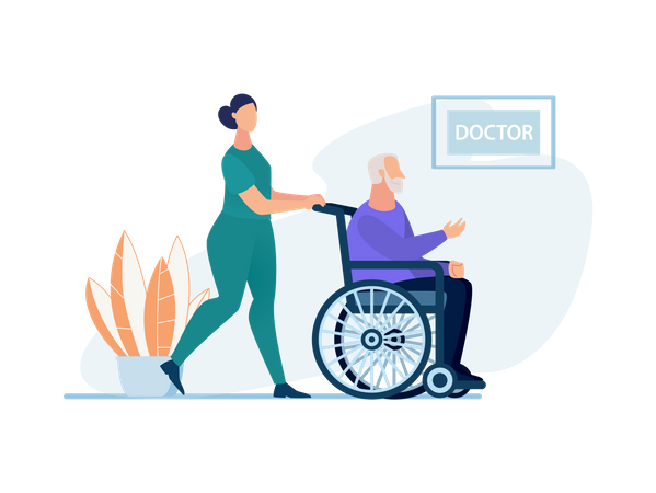 Nurse pushing old man on wheel chair to the doctor  Illustration