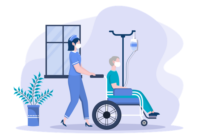 Nurse Pushing Patient on Wheelchair  Illustration