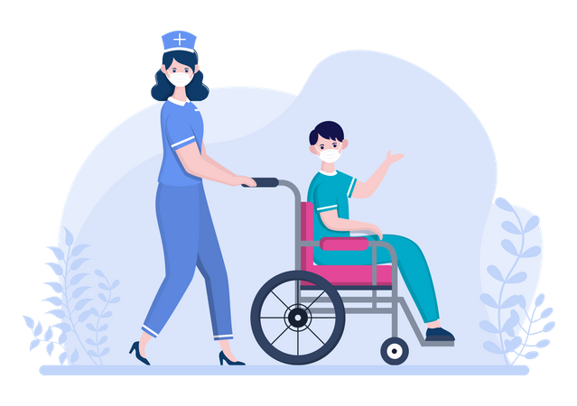 Nurse Pushing Patient with Wheelchair  Illustration