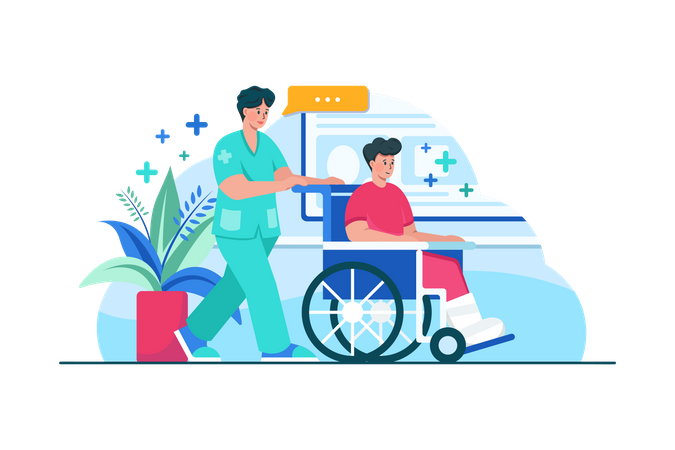 Nurse pushing wheelchair of patient Illustration