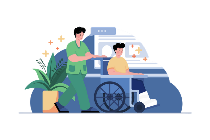 Nurse Pushing Wheelchair Of Patient  Illustration
