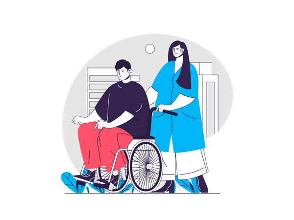 Nurse pushing wheelchair with disabled person Illustration