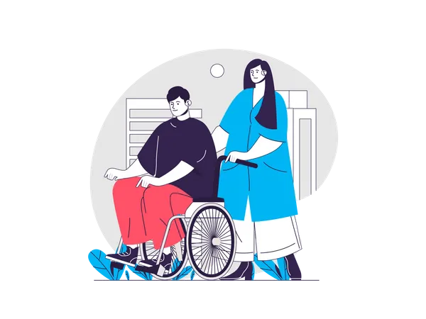 Nurse pushing wheelchair with disabled person Illustration