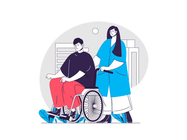 Nurse pushing wheelchair with disabled person  Illustration