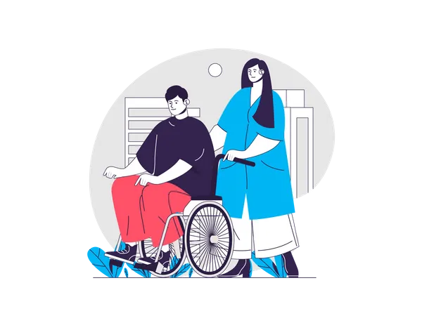 Nurse pushing wheelchair with disabled person  Illustration