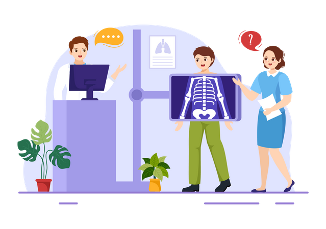 Nurse scanning chest x-ray of little boy  Illustration