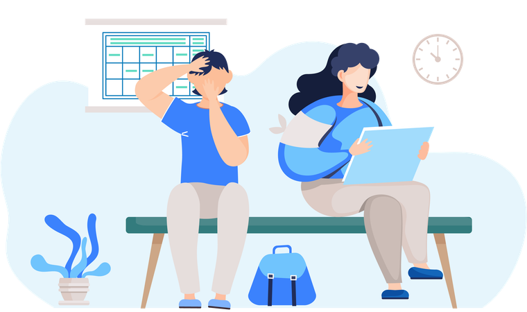 Nurse sitting on the bench and communicating with a teenager in clinic  Illustration