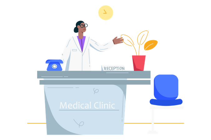 Nurse stands at reception desk  Illustration