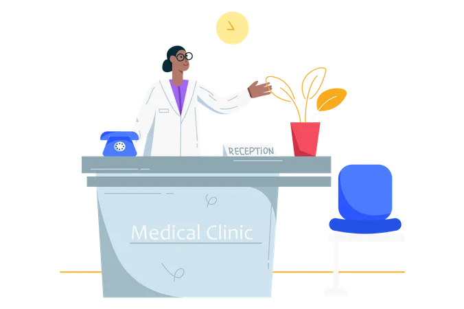 Nurse stands at reception desk  Illustration