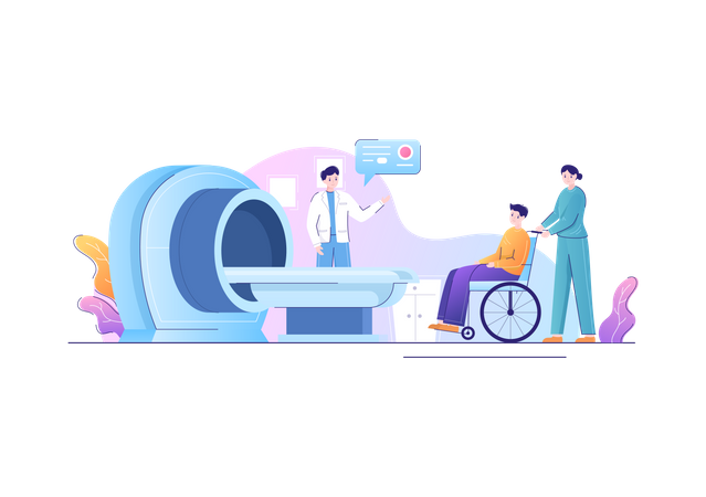 Nurse takes patient to MRI machine assisted by doctor Illustration