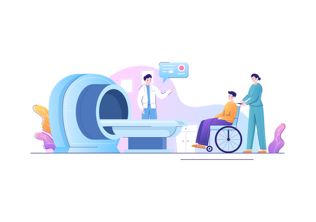 Nurse takes patient to MRI machine assisted by doctor  Illustration