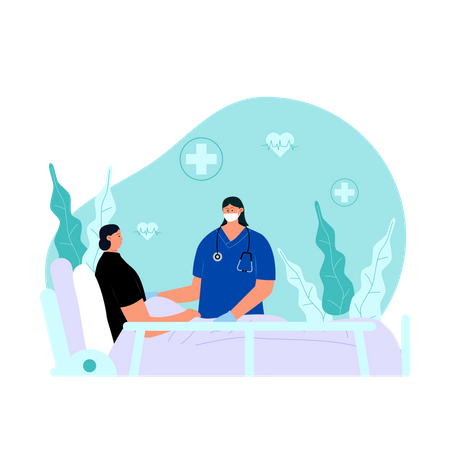 Female doctor visiting young patient at hospital  Illustration