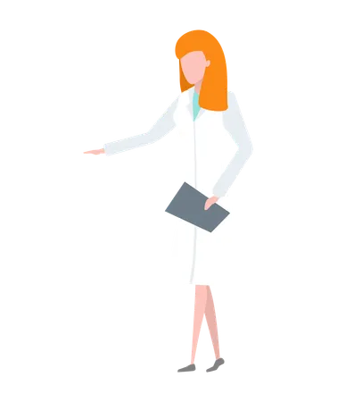 Young Woman As Doctor Or Nurse In Hospital Holding Grey Tablet Female Medical Worker Wearing White Uniform Or Physician Coat Health Care Assistant Vector Illustration