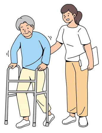 Nurse Woman Walking Senior Man  Illustration