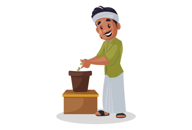 Nursery man putting seed in to pot Illustration