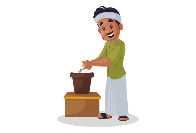 Nursery man putting seed in to pot  Illustration