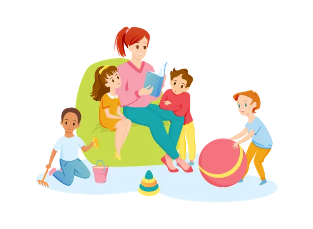 Nursery teacher with kids  Illustration
