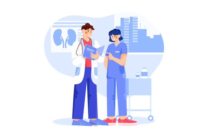 Nurses discussing with doctor Illustration