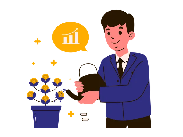 A Smiling Businessman In A Purple Suit Waters A Plant With Coins As Leaves Metaphorically Illustrating The Concept Of Nurturing Investments For Financial Growth Illustration