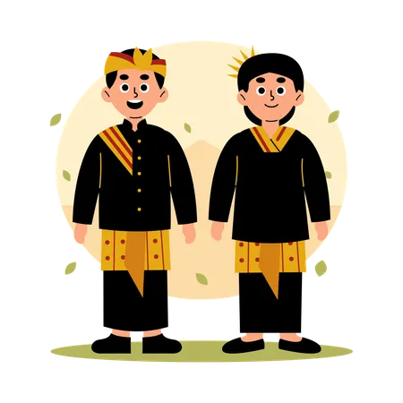 인도네시아 서부 누사 텡가라 West Nusa Tenggara 의 풍부한 문화 유산을 보여주는 전통 서부 누사 텡가라 West Nusa Tenggara 의류를 입은 남성과 여성의 그림 일러스트레이션
