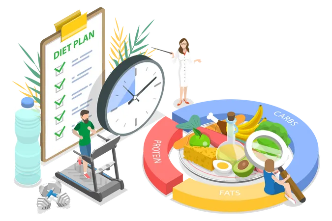 Ilustracion Conceptual De Vectores Planos Isometricos 3 D De Planificacion De Comidas Alimentacion Saludable Y Dieta Nutricional Ilustración