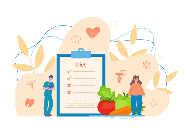 Nutritionist Concept Doctor Help Woman Get In Fit With Healthy Food And Physical Activity Calorie Control And Diet Concept Idea Of Weight Loss Vector Illustration In Cartoon Style Illustration