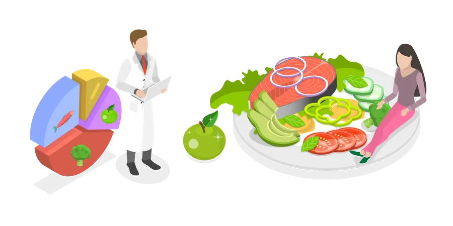 3 D Isometric Flat Vector Conceptual Illustration Of Nutritionist Makes Meal Plan Diet Therapy With Healthy Food Illustration