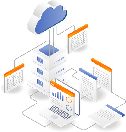 Rede de banco de dados de documentos de processo de análise de servidor em nuvem  Ilustração