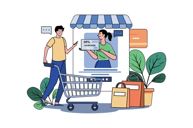 O cara ganha um cupom quando compra online  Ilustração